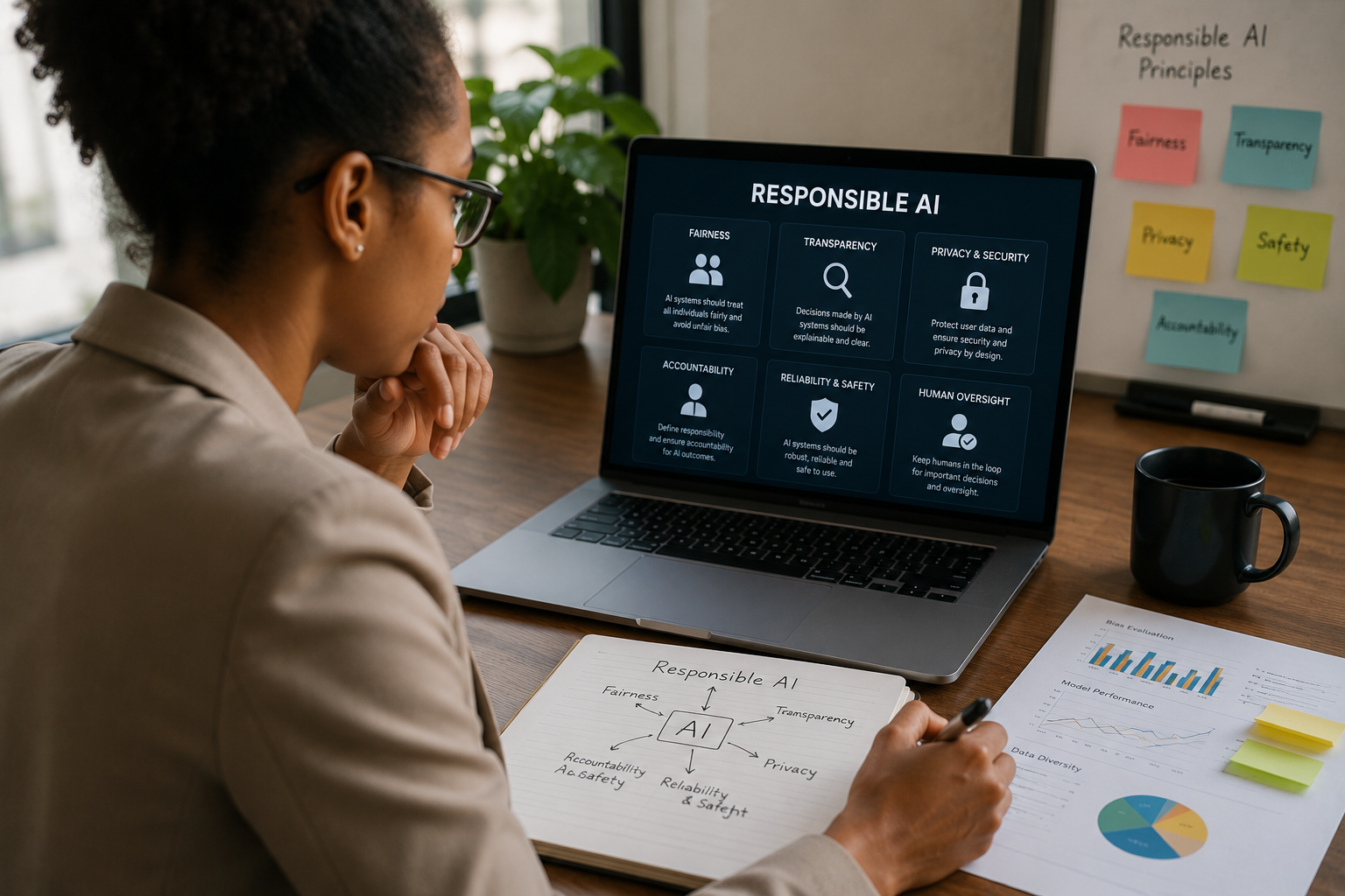 Practitioner reviewing responsible AI principles on a laptop